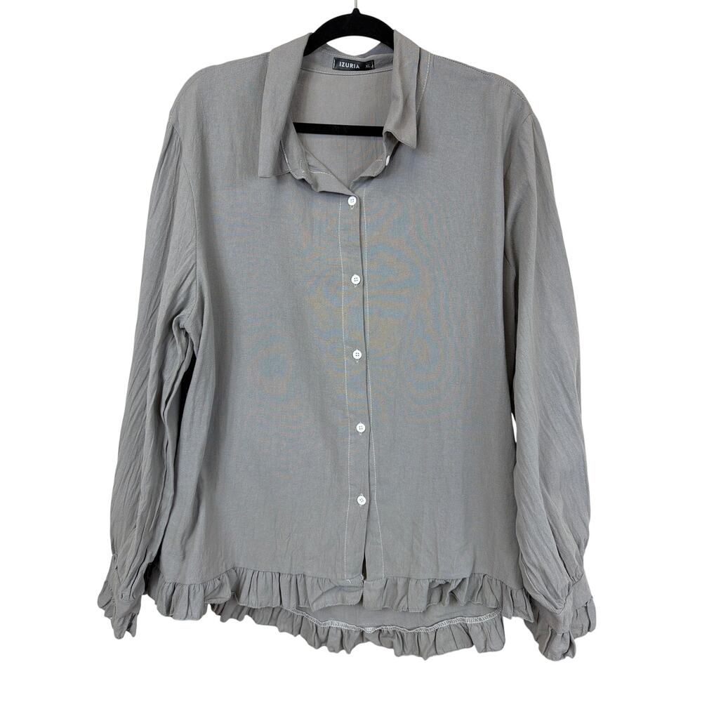 Izuria Grey Button Up Ruffled Linen Blend Long Sleeve Top XL